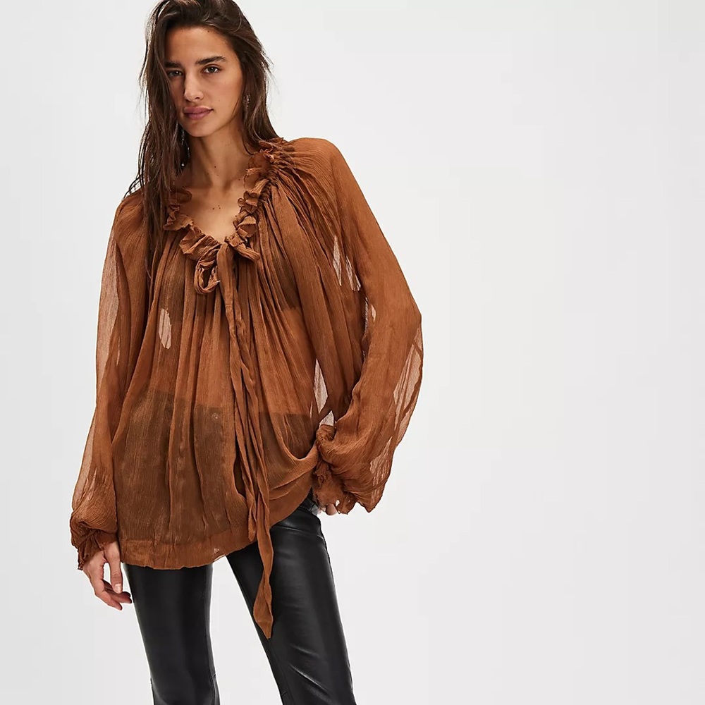 Free People Brown Chiffon Tie Front Blouse